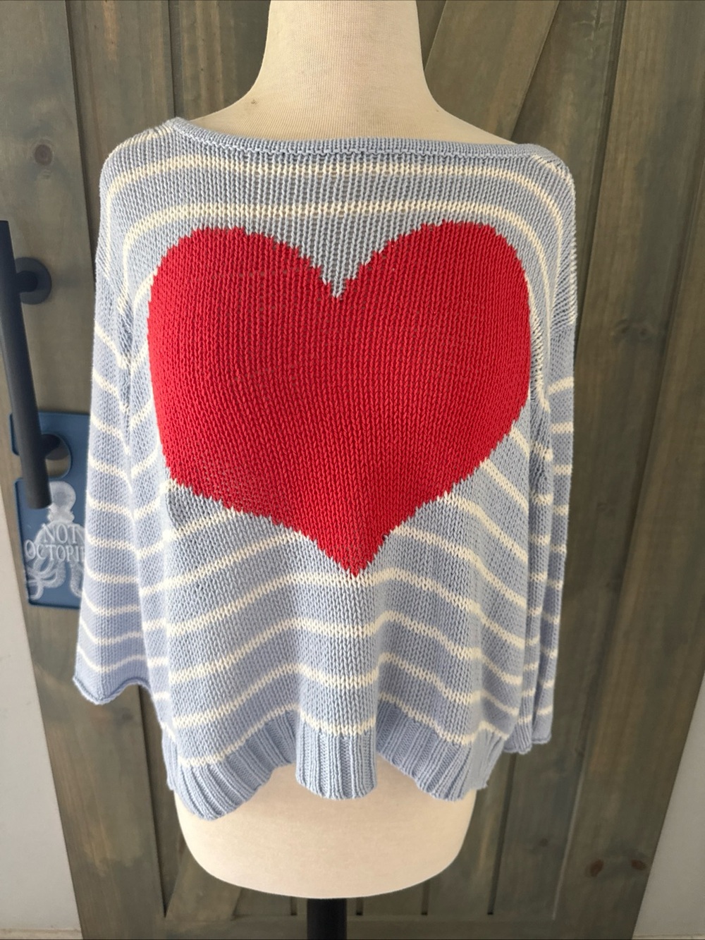 Wooden Ships Blue/white Striped Knit Pullover Sweater S Long Sleeve Heart
